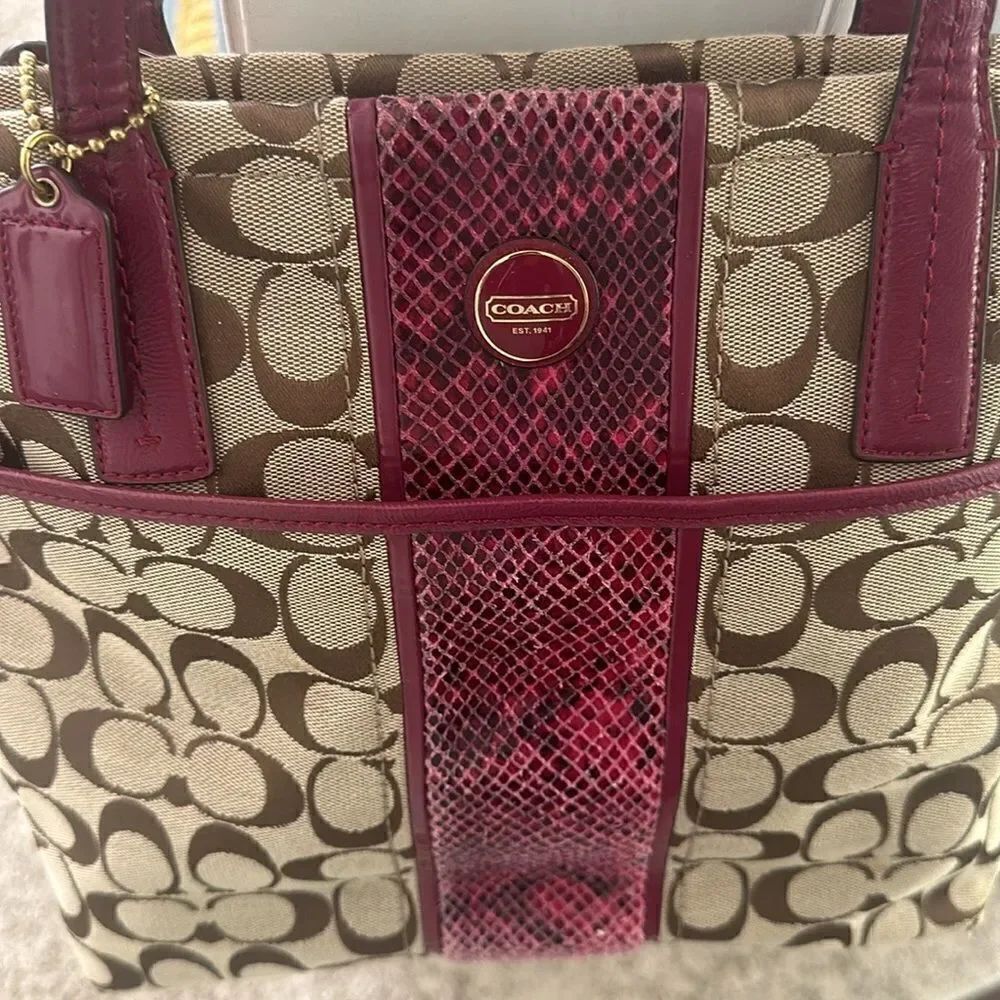Coach Signature Python Raspberry Stripe Tote Bag - Picture 2 of 10